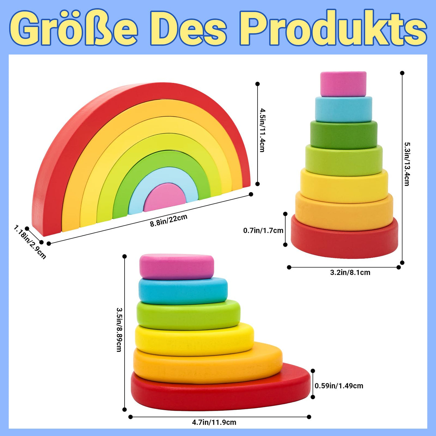 RunHero 3-in-1 Montessori Stapelspielzeug Holzbausteine Regenbogen Motorikspielzeug Grimms Bauklötze ab 1 Jahr Baby Geschenk für 2 3 4 5 Jahr Kinder