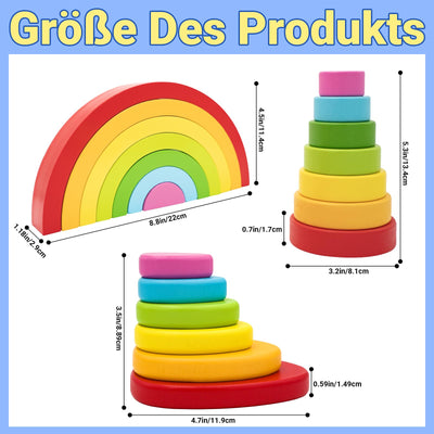 RunHero 3-in-1 Montessori Stapelspielzeug Holzbausteine Regenbogen Motorikspielzeug Grimms Bauklötze ab 1 Jahr Baby Geschenk für 2 3 4 5 Jahr Kinder