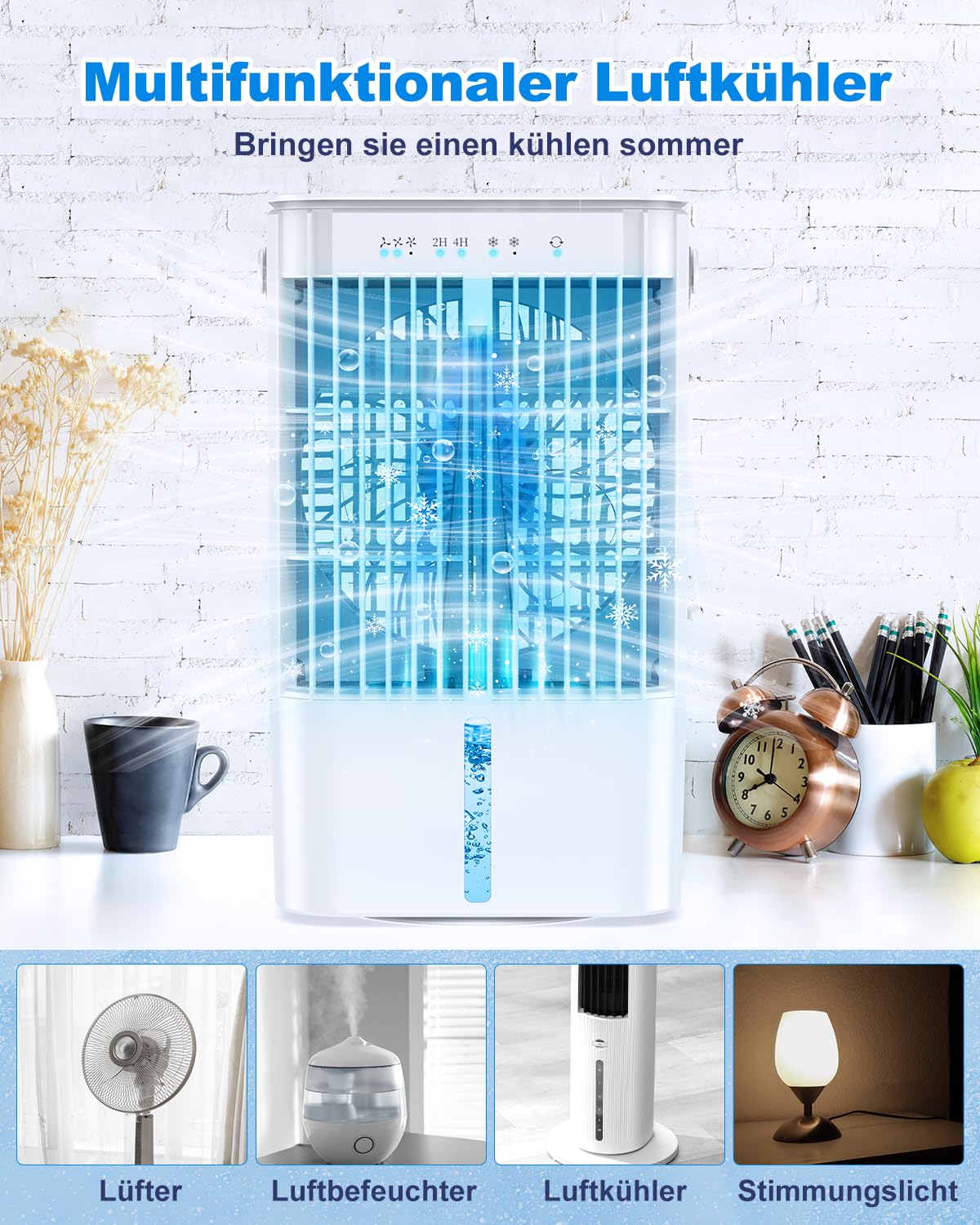 RenFox Mobiler Klimaanlage 4 in 1 Energiesparender Mini Luftkühler mit großem wassertank (1200 ml), 3-Stufen Verdunstungskühlung, 7 Farb-LED, Timer und geräuscharm für Home Office und Schlafzimmer