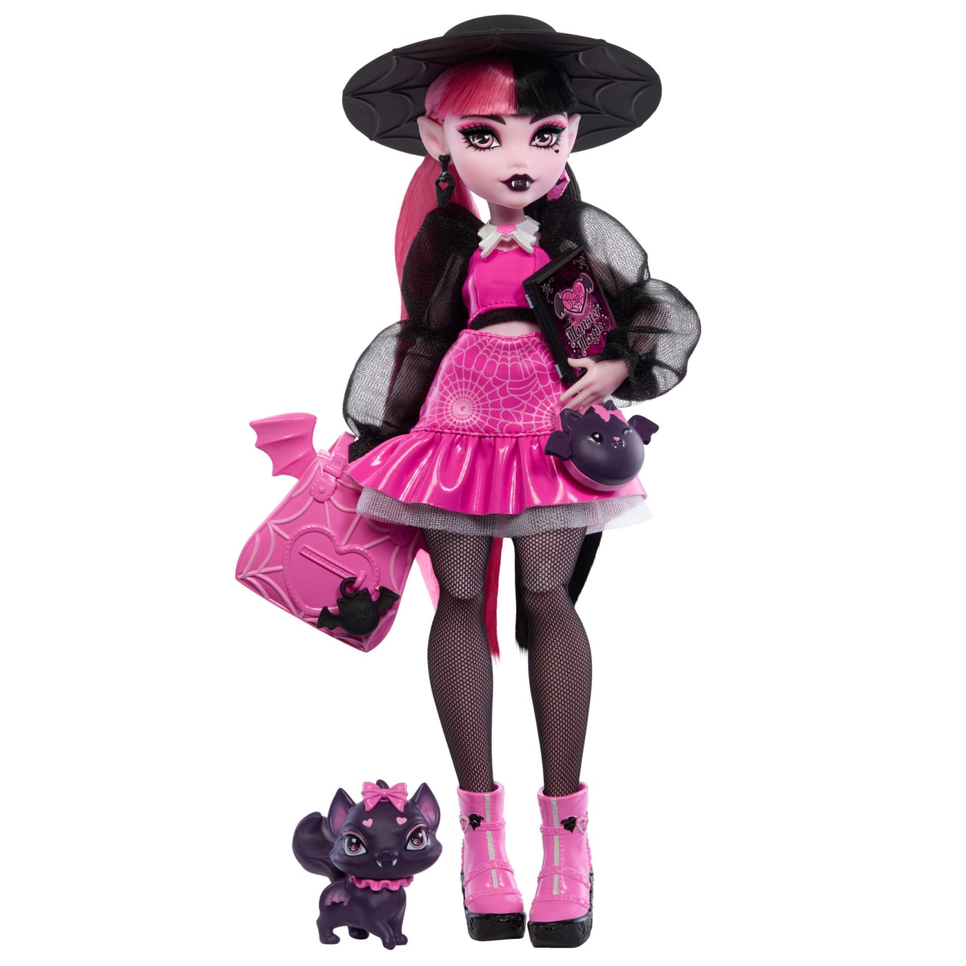 Monster High Draculaura-Puppe mit ihrem Haustier, der Fledermaus-Katze Count Fabulous, und Accessoires wie Rucksack, Zauberbuch, Bento-Box und mehr, HRP64