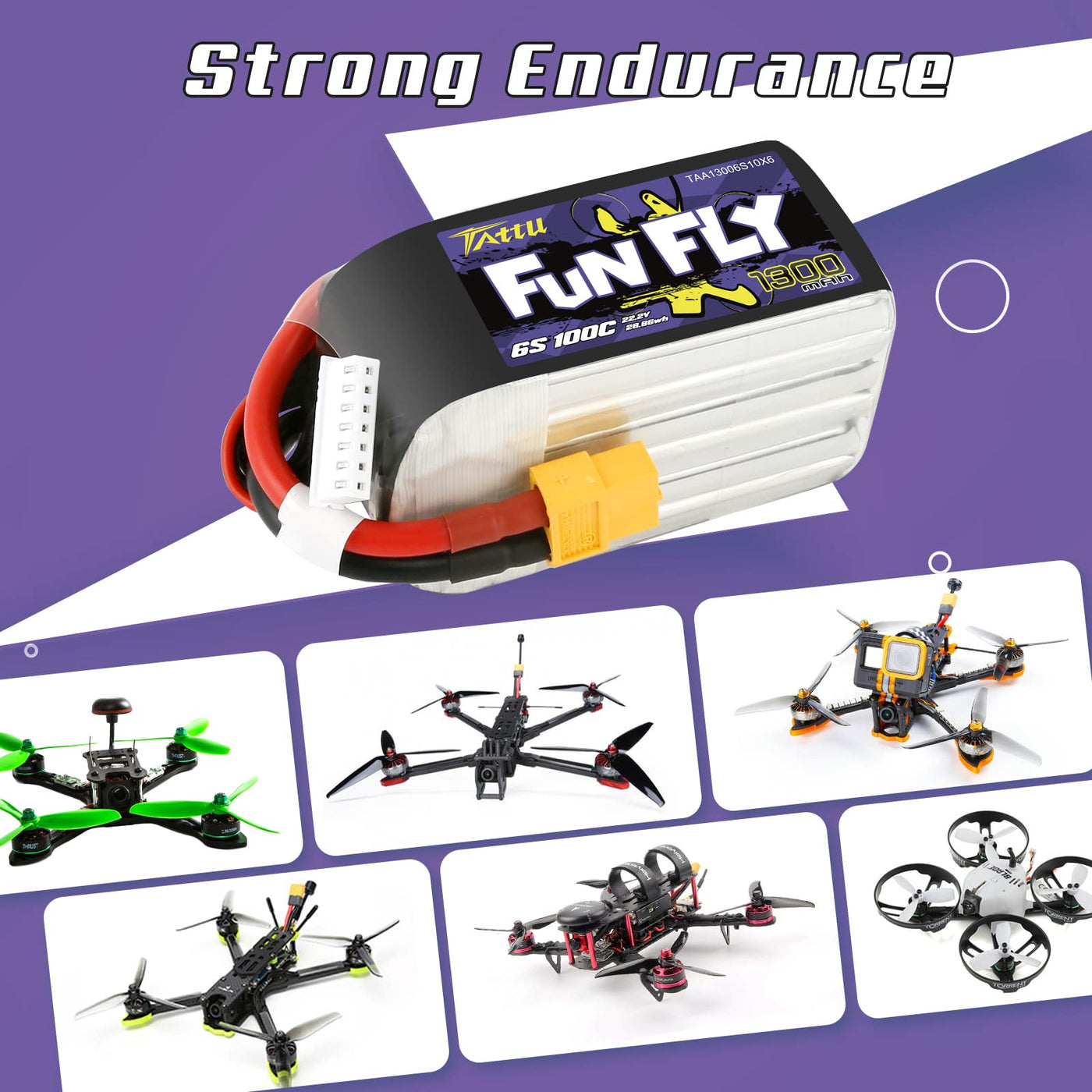 Tattu Lipo 6S Akku 1300mAh 22,2V 100C Lipo Akku Funfly mit XT60 Anschluss für UAV Drone FPV Race RC Quadcopter