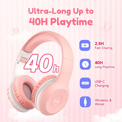EarFun Bluetooth Kopfhörer Kinder, 85/94dB Lautstärkeregelung, HiFi Sound, HD-Mikrofon, 40 Std Akku, Faltbare, Einstellbar, Kopfhörer Kabellos Bluetooth Kinder für Schule/Reise, Rosa