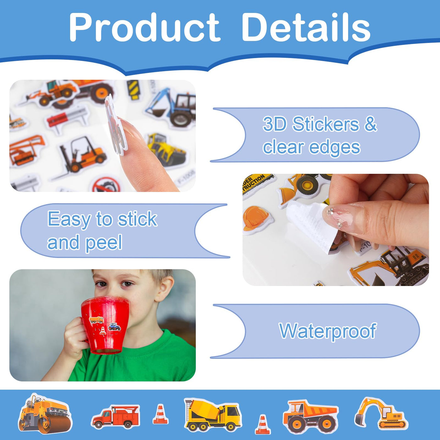 3D Aufkleber für Kinder & Kleinkinder, Auto Bagger Sticker 12 Blätter, Geschwollen Stickers für Jungen Mädchen Lehrer, Kindergeburtstag Gastgeschenke Party (17 * 7cm)