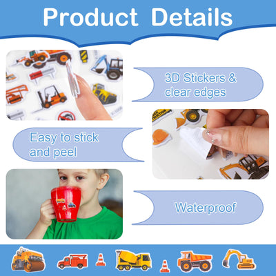 3D Aufkleber für Kinder & Kleinkinder, Auto Bagger Sticker 12 Blätter, Geschwollen Stickers für Jungen Mädchen Lehrer, Kindergeburtstag Gastgeschenke Party (17 * 7cm)