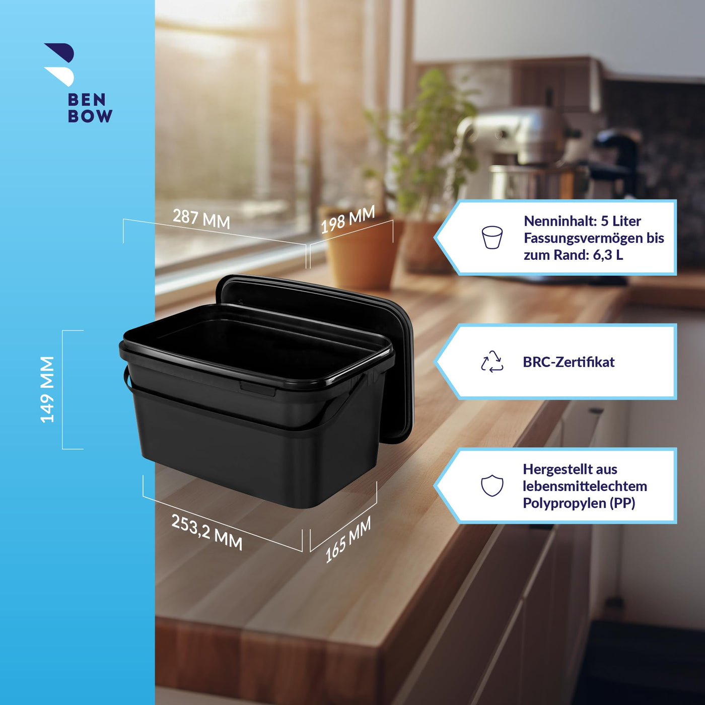 BenBow Rechteckiger Eimer mit Deckel 5X 5l schwarz - lebensmittelecht, stapelbare Kunststoffbox mit Henkel - luftdicht, auslaufsicher, geruchsneutral, ideal für Haushalt und Gewerbe - leer