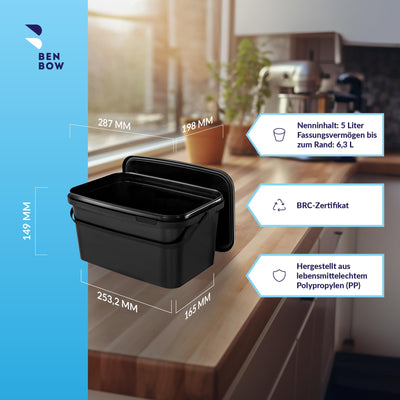 BenBow Rechteckiger Eimer mit Deckel 5X 5l schwarz - lebensmittelecht, stapelbare Kunststoffbox mit Henkel - luftdicht, auslaufsicher, geruchsneutral, ideal für Haushalt und Gewerbe - leer