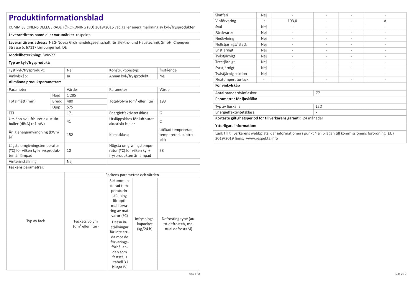 Respekta Weinkühlschrank freistehend für 77 Standardflaschen / 193 L Nutzinhalt/Regelbares Thermostat 5-22°C/Touch Control/LED Leuchte/Wechselbarer Türanschlag/Max. 43 dB/WKS 77