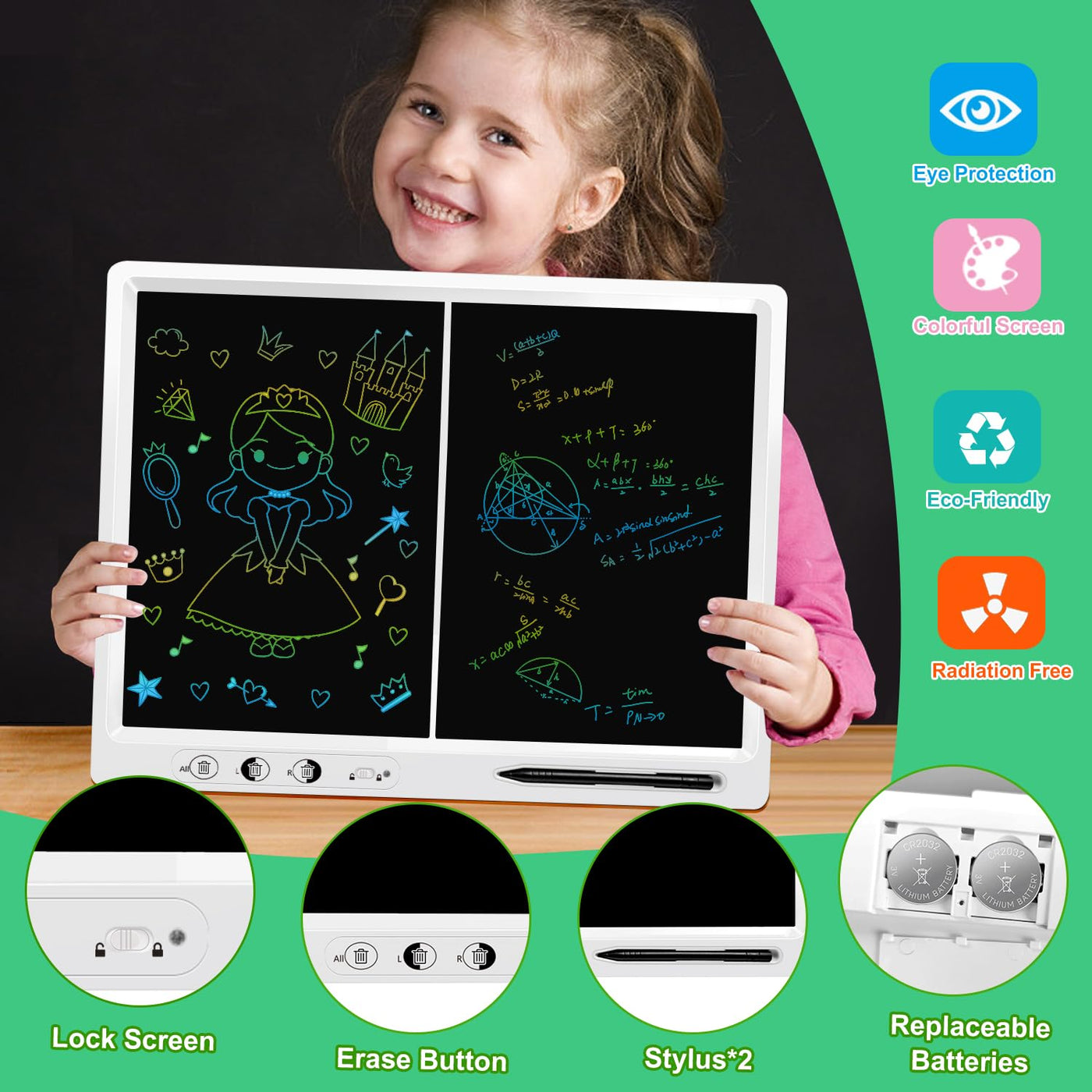 LCD Schreibtafel Kinder，22 Zoll Dual Screen it 2 Stiften und verstellbarem Stand LCD-Schreibtablett Kind, Erwachsener Lehrer Bildung Bürobedarf, Weihnachtsgeschenke für Jungen und Mädchen