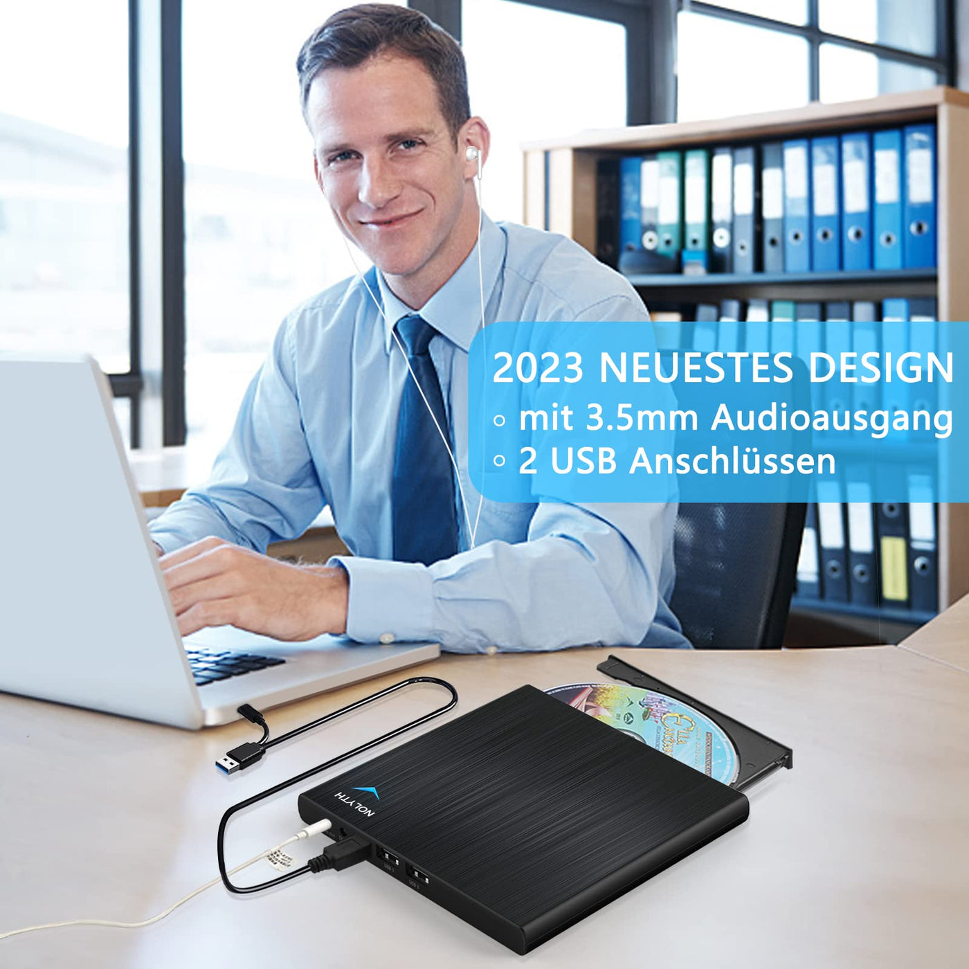 NOLYTH Externes DVD Laufwerk Extern, Externes CD Laufwerk Extern USB mit 1 Audio 2 USB Slots, Externe Optische Laufwerke DVD Brenner Extern Externes Laufwerk für Laptop Mac PC MacBook Windows