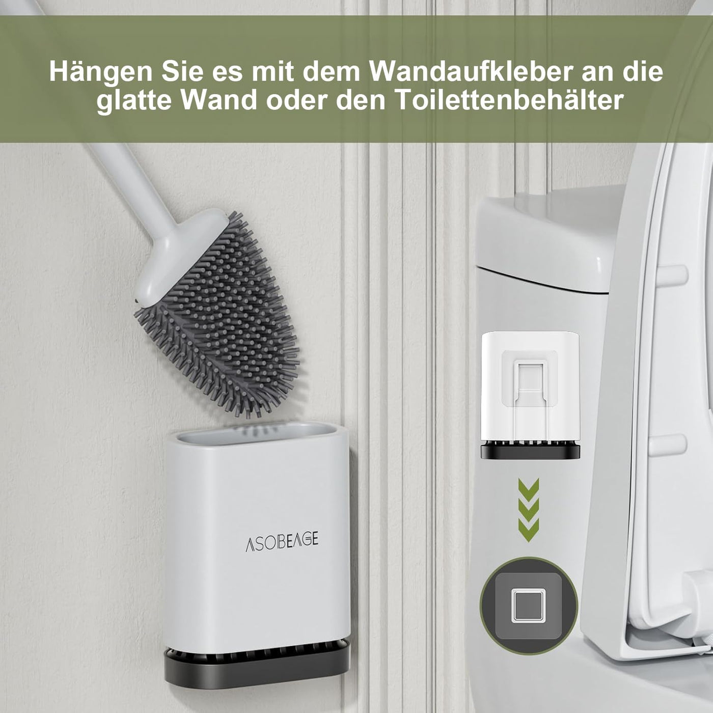 ASOBEAGE Silikon Toilettenbürste: Flexibler Kopf, Langer Griff, Wandmontage, schnell trocknender Halter für die Reinigung des Badezimmers (Weiß)