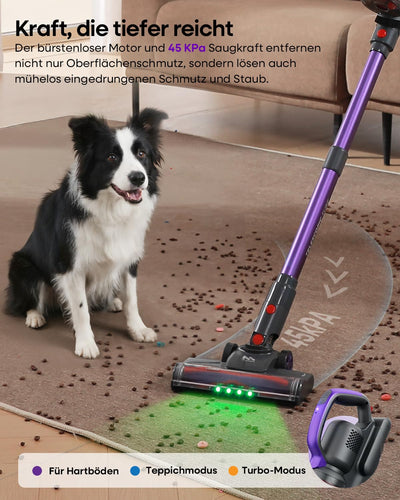 AlloyMove Akku Staubsauger Kabellos 45000Pa/450W/60Min, Leichter Staubsauger mit V-Anti-Tangle-Bürste mit LED-Licht, 65dB Ultra Leise, Selbststehend für Tierhaare Teppiche Hartböden A03