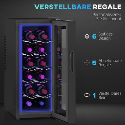 HOMCOM Weinkühlschrank 12 Flaschen 30L 8-18℃ Doppelt Thermoelektrisch Flaschenkühlschrank mit Glastür, Getränkekühlschrank mit LED-Leuchte, Kleiner Weinschrank mit Touch-Screen Schwarz
