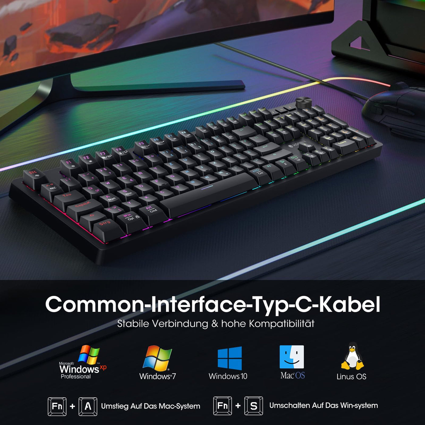 KOORUI Gaming Tastatur, Mechanisch Tastatur QWERTZ Deutsches Layout 104 Tasten 26 RGB Hinterleuchtet Kabelgebunden Gaming Keyboard für Windows MacOS Linux-Blauer Schalter