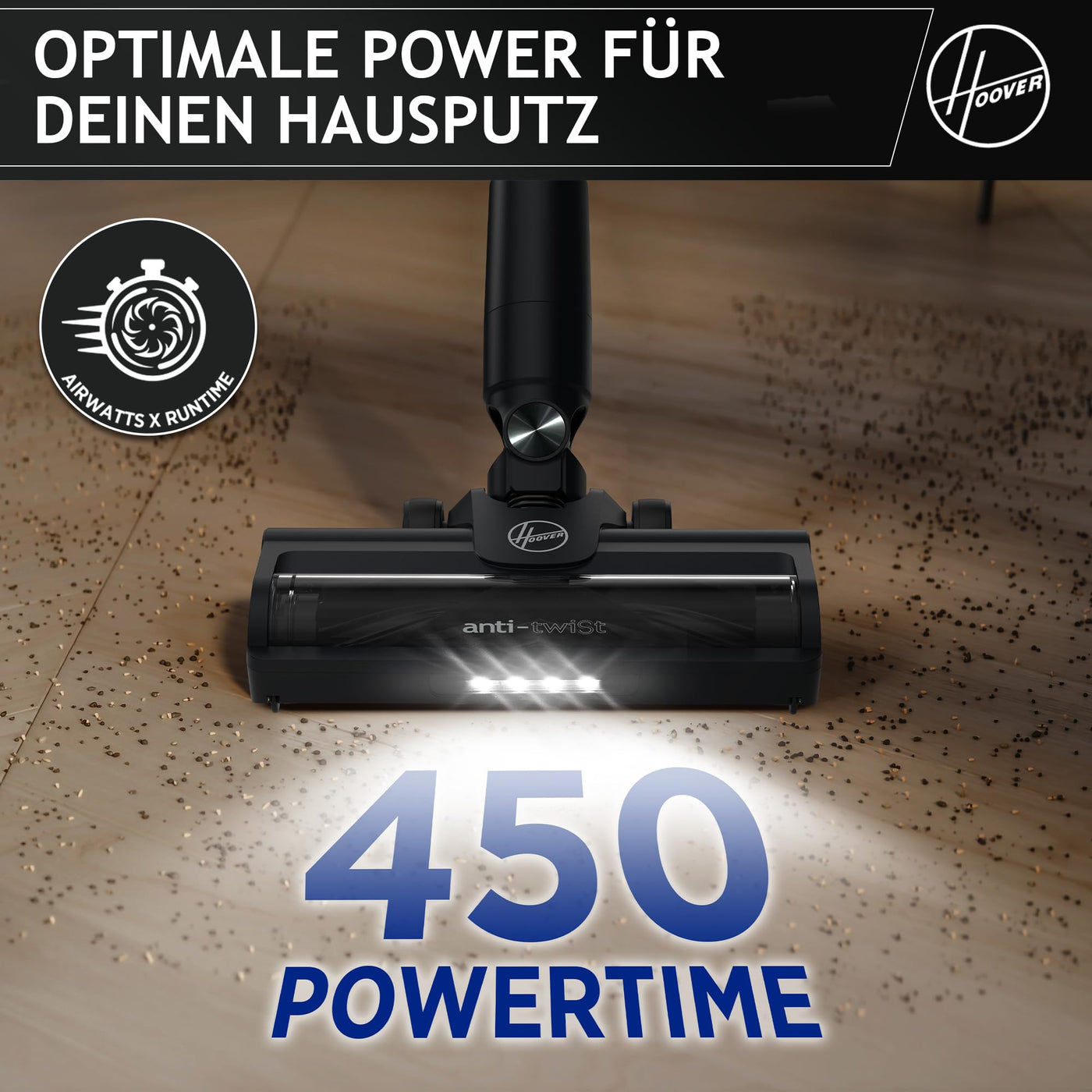 Hoover HF1 Plus [HF1PZ10H] Akku Staubsauger kabellos mit XL Staubbehälter & LED, bis zu 45min Laufzeit, für alle Bodenarten, Anti Twist gegen Haarverwicklung, Akkusauger mit Parkfunktion, 0.7L