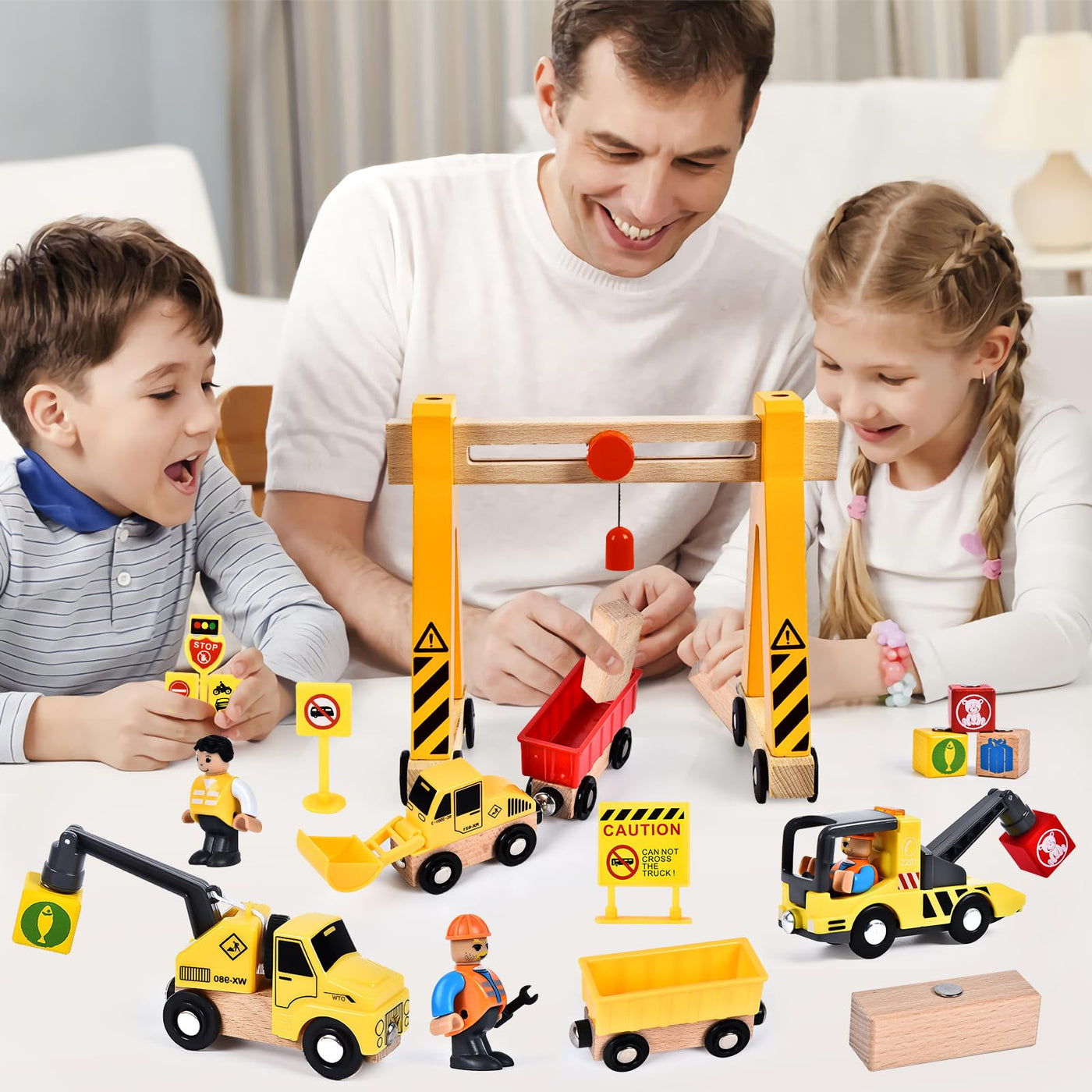 Herenear Baufahrzeuge Kinder Holzspielzeug, Baustelle Kinder, Holz Konstruktions Fahrzeuge Geschenk, Baukästen aus Holz mit Portalkran, Kranwagen, Straßenwalze, Kran, Bagger Spielzeug