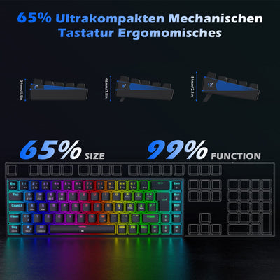 TECURS Gaming Tastatur Kabellos, Mechanische Tastatur RGB QWERTZ (German Layout) mit Rote Schalter für PC Gamer und Arbeits, 65% TKL Gaming Keyboard für PS4 /PS5/Laptop/Xbox One, Schwarz