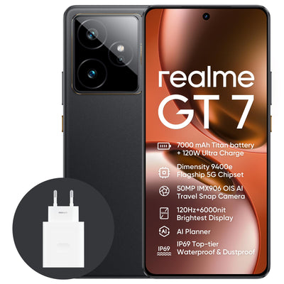 realme GT7 5G Smartphone,12+256GB,7000 mAh Battery,120W Charge,Dimensity 9400e Chipset,IMX906 50MP Camera, AI Planner,6000nits Pro-Esports 120Hz Display,IP69,Black,Amazon Exclusive
