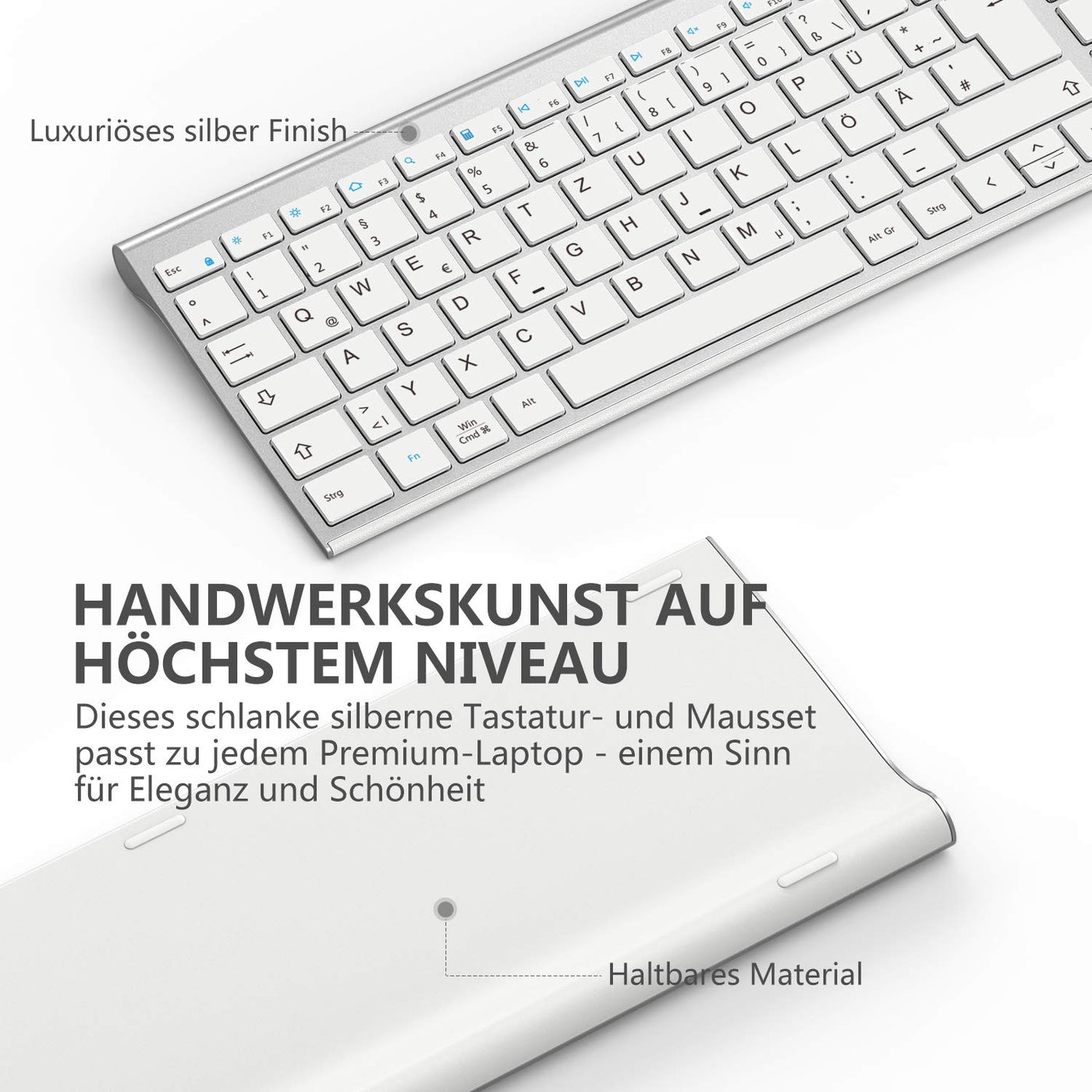 iClever Kabellos Tastatur Maus Set, Wiederaufladbare Kabellose Tastatur und Maus, QWERTZ Layout (Deutsch), Ultra Thin für Computer/Desktop/PC/Laptop/Windows 10/8/7, Weiß und Silber