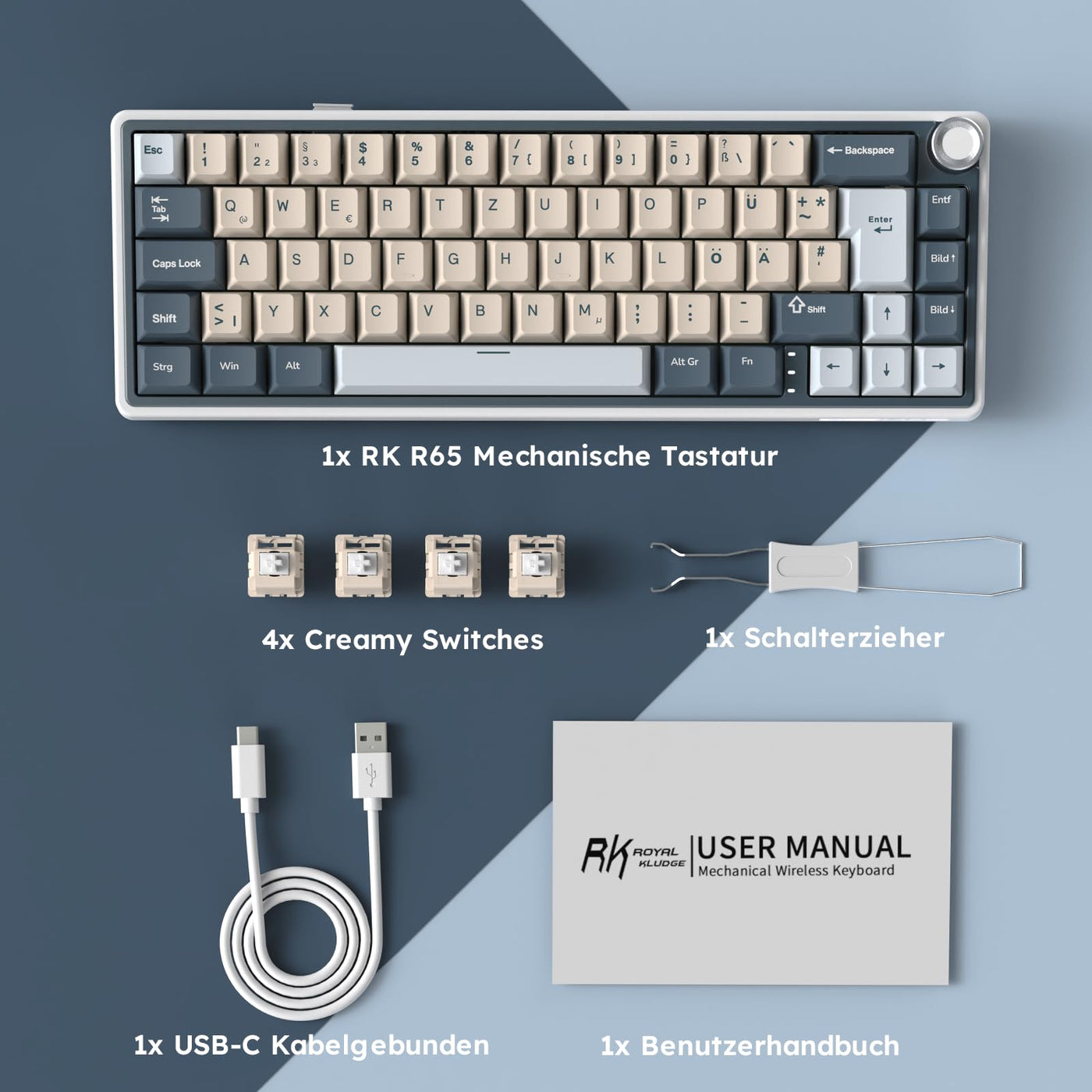 RK ROYAL KLUDGE R65 Mechanische Tastatur 60 Prozent mit Knopf, Gasket Gaming Tastatur Kabellos Bluetooth/2.4G/USB-C RGB PBT Tastenkappen QWERTZ QMK/VIA, Hot Swap Linearer Creamy Switches