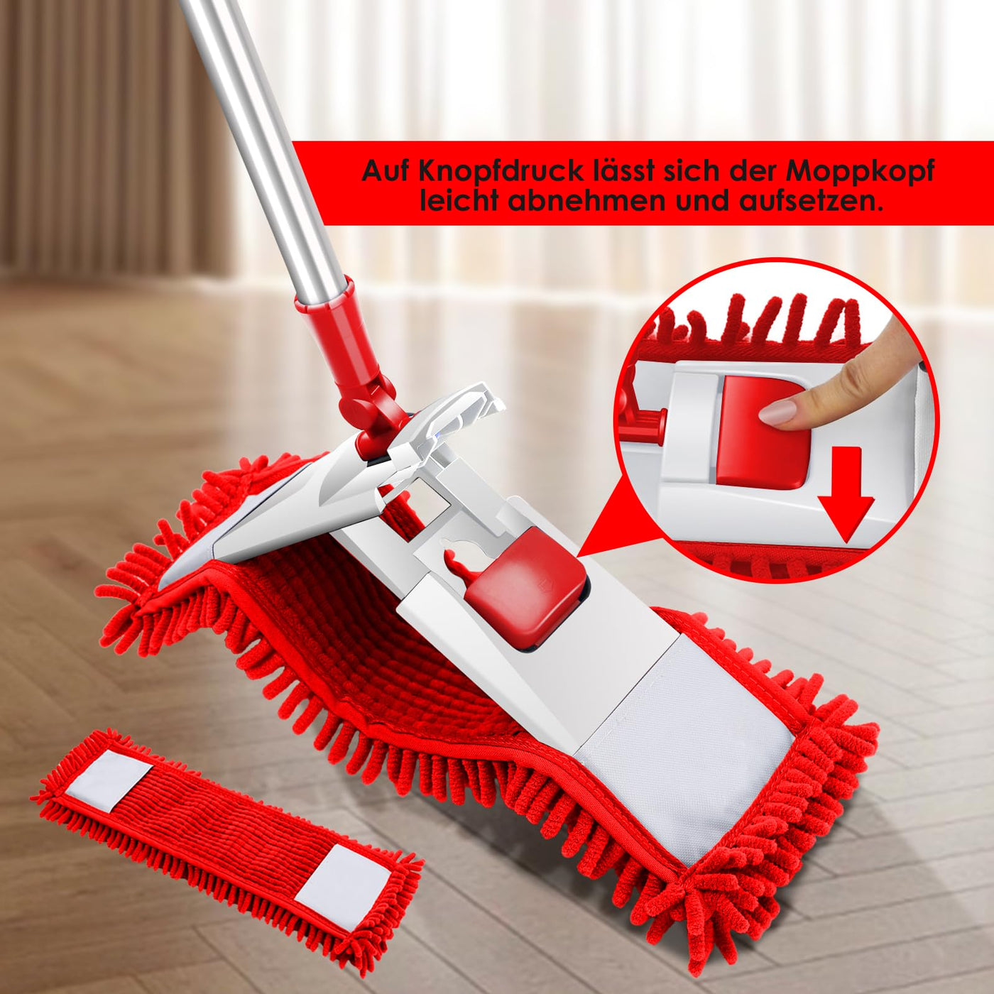 HEVOL Flach Wischmopp,Chenille Mikrofaser Bodenwischer mit 125cm Edelstahlgriff und 4 Wischpads,Flachmopp für Hartholz, Laminat, Fliesenboden,Senden 1 Schaber