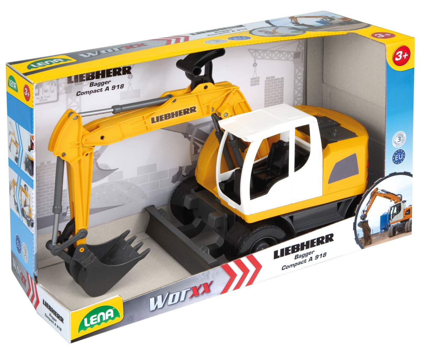 Lena Worxx Schaufelbagger Liebherr A918 Compact Litronic 48 cm, Bagger Spielzeug mit 360° drehbarem Arm, realisitisches Baustellen Spielfahrzeug mit Schiebeschild, für Kinder ab 3 Jahren