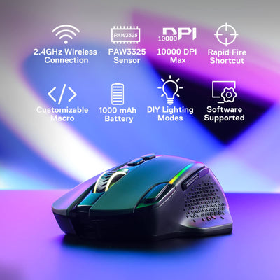 Redragon M810 Pro Kabellose Gaming-Maus, 10000 DPI Kabelgebundene/Kabellose Maus mit Schnellfeuertaste, 8 Makrotasten, 45 Stunden Dauerleistung und RGB-Hintergrundbeleuchtung für PC/Mac/Laptop