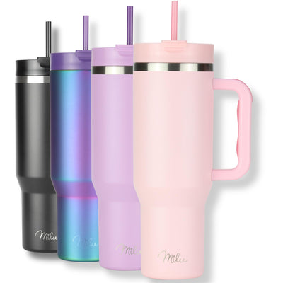 Milu Thermobecher 1,2L mit Strohhalm und Henkel – 48h Eis/24h kalt/12h heiß Edelstahl Tumbler 40oz mit Griff Isolierbecher to go Isolierflasche Trinkflasche doppelwandig isoliert (Blossom Pink, 1,2L)