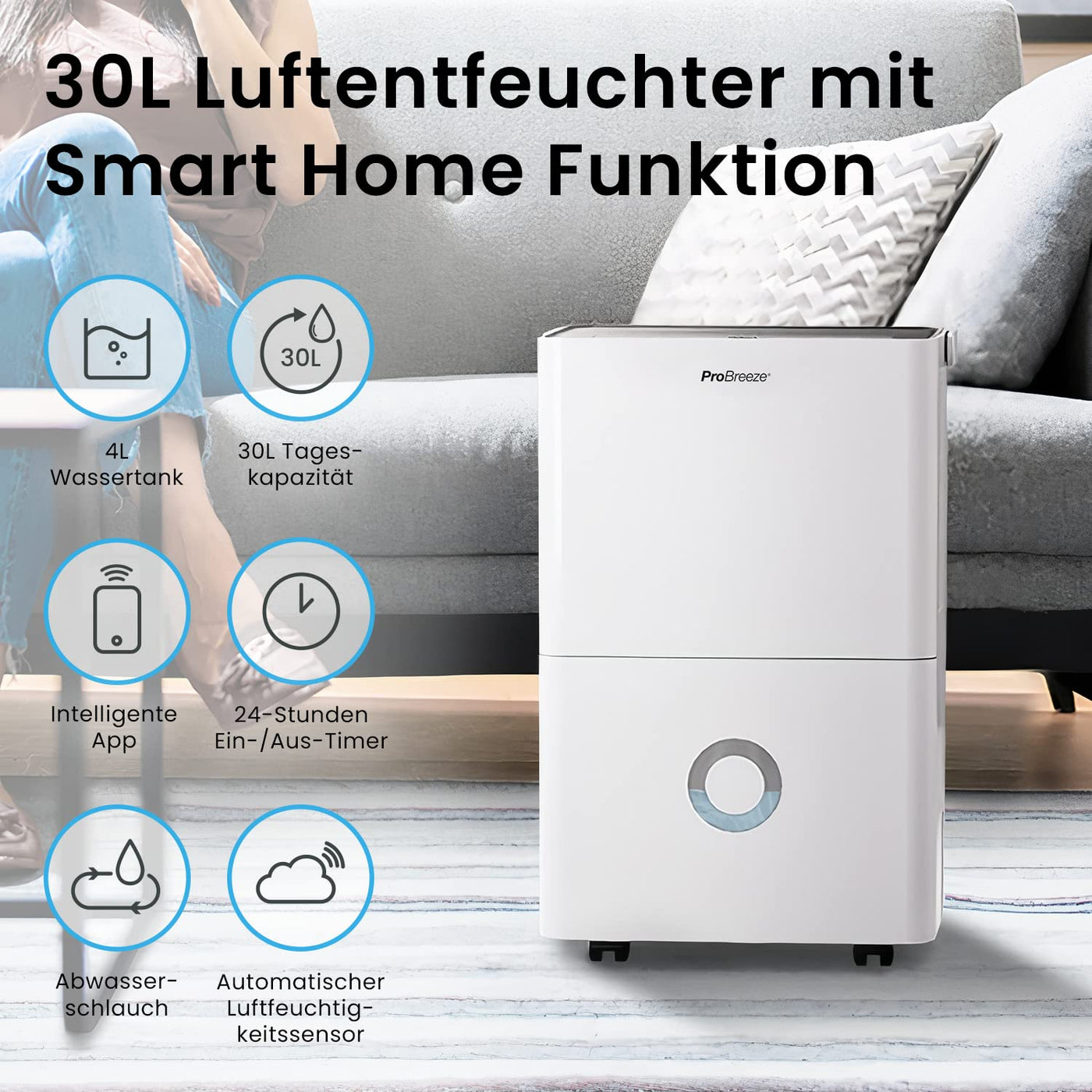 Pro Breeze Luftentfeuchter 30L in 24h Entfeuchtungsleistung - Elektrischer Luftentfeuchter mit WLAN & App - Feuchtigkeitssensor, 4L Wassertank, Timer, Ablaufschlauch - Gegen Feuchtigkeit, Schimmel