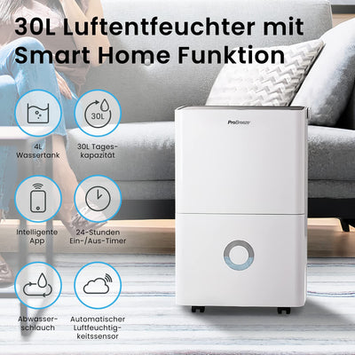 Pro Breeze Luftentfeuchter 30L in 24h Entfeuchtungsleistung - Elektrischer Luftentfeuchter mit WLAN & App - Feuchtigkeitssensor, 4L Wassertank, Timer, Ablaufschlauch - Gegen Feuchtigkeit, Schimmel