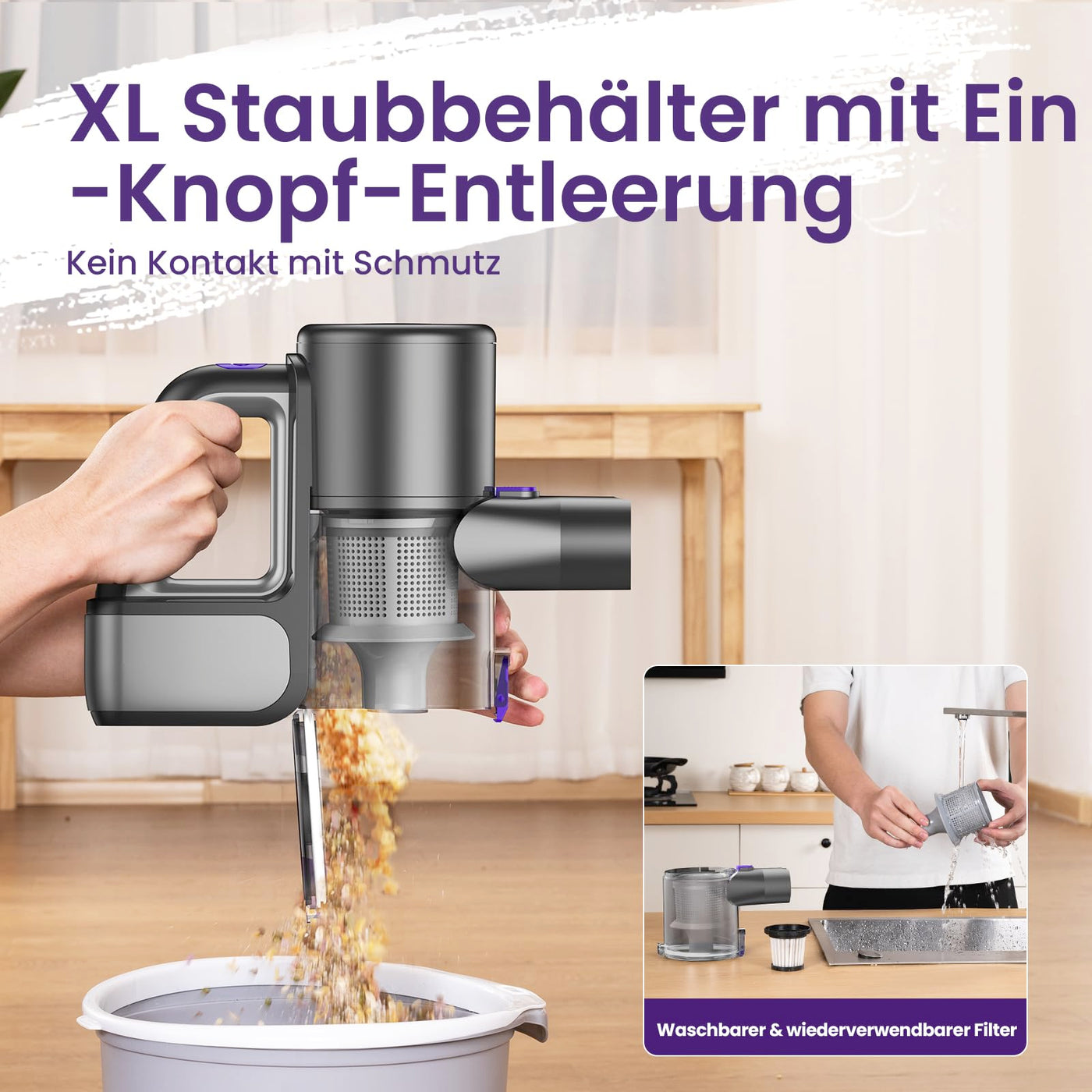 Suirviz Akku Staubsauger Kabellos, 40000Pa/500W/45Min Akkustaubsauger mit Selbststehender Funktion, Leichter Kabelloser Akkusauger mit grünem Licht für Hartböden, Teppiche, Tierhaare