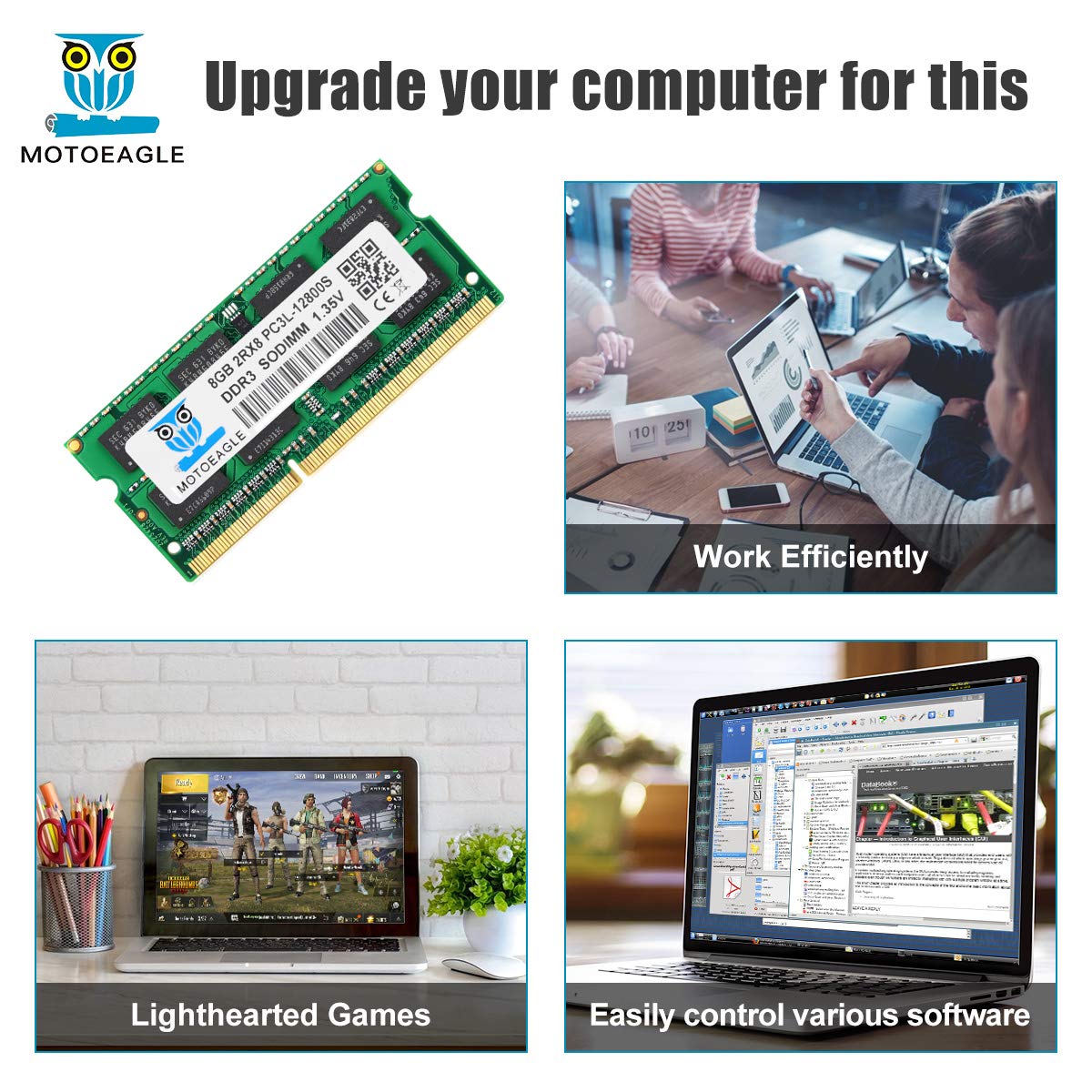 Motoeagle DDR3L 1600 MHz SODIMM 16GB Kit (2x8GB) PC3 PC3L 12800S 8GB 204-Pin Unbuffered Non-ECC 1.35V CL11 2Rx8 Dual Rank Notizbuch Arbeitsspeicher