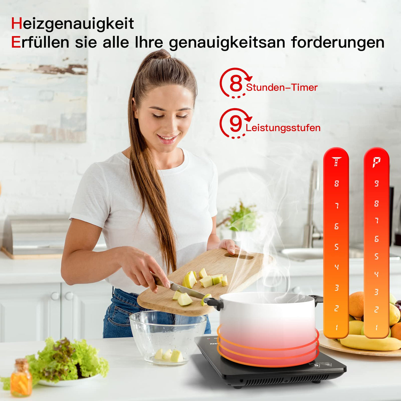 Induktionskochplatte, IsEasy Tragbares Induktionskochfeld 2100W,28cm Induction Hotplates, Kochfelder mit Stecker, 9 Heizstufen, 1-99Min Timer, Touch-Steuerung, Max/Min-Funktion, 220-240V