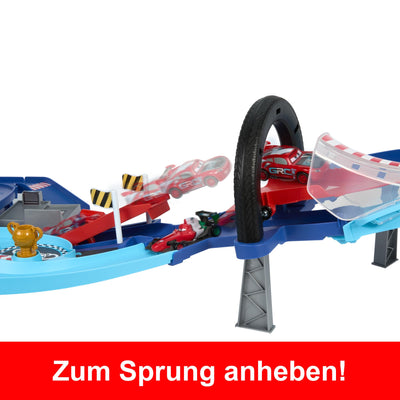 Mattel Disney und Pixar Cars Spielset mit 2 Spielzeugautos, Lightning McQueen und Francesco Bernoulli, GRC Sprung-Rennstrecke Trackset mit manuellem Beschleuniger, HXJ32