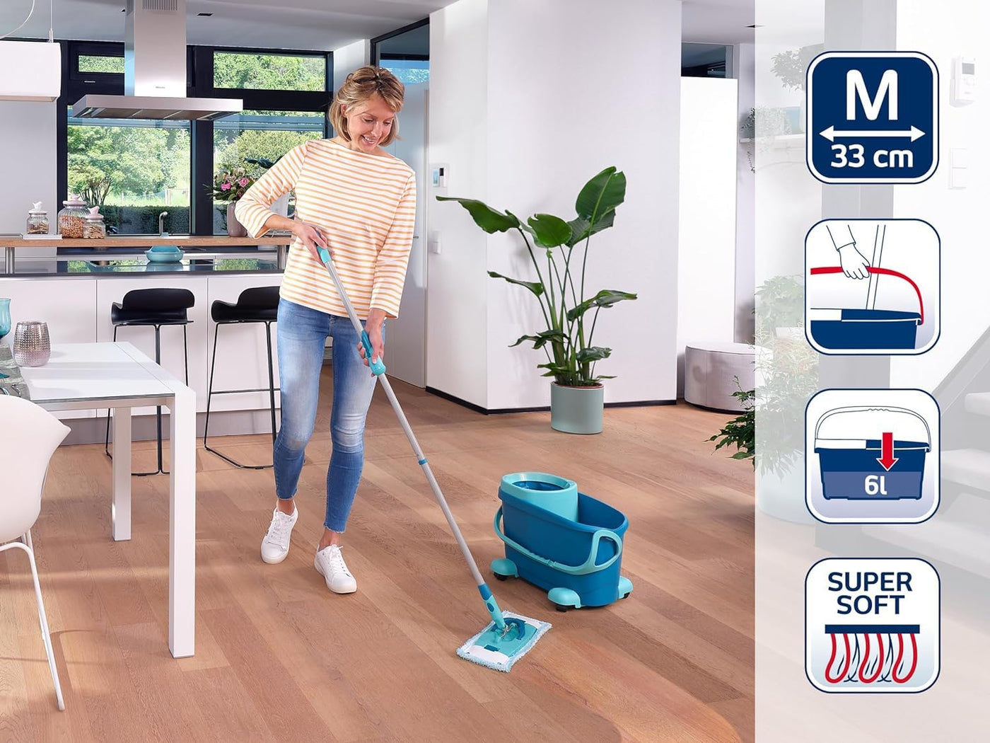 Leifheit Set Clean Twist M Flachwischer Ergo 2.0 mit Rollen, Bodenwischer mit Supersoft Bezug für nebelfeuchte Reinigung auf Parkett, Laminat & Echtholz, Mop mit Click-System und Schleudertechnologie