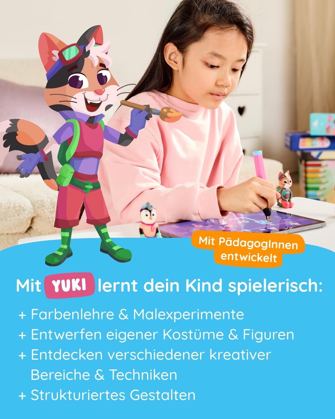 Edurino Figur Juki Kreativität & Malen ab 4 Jahren | Innovatives & digitales Lernspiel | Farbenlehre & Malexperimente | Entwerfen eigener Kostüme & Bühnenbilder