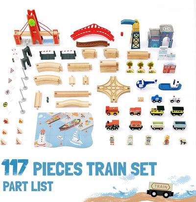 Giant bean Holzeisenbahn Set, 117 Pcs City-Zugset für Kinder Erweiterbares Holzeisenbahn-Set, Kleinkindspielzeug, Geschenk für Jungen und Mädchen ab 3 Jahren