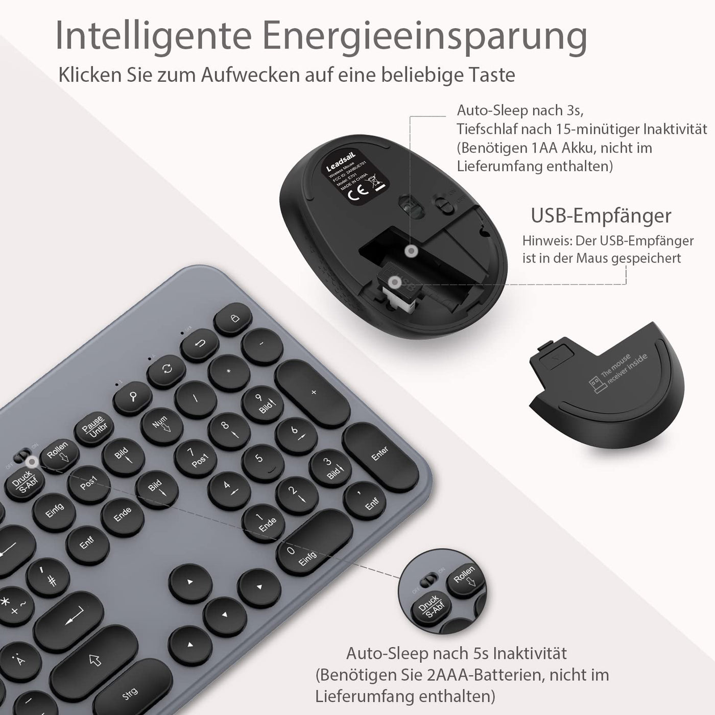 LeadsaiL Tastatur Maus Sets Kabellos,Ergonomische Maus und Tastatur,Funk PC Tastatur und Maus in Standardgröße,Deutsch QWERTZ-Layout, Leise-Klick-Taste,12 FN-Tasten Für Windows Computer, macOS, Laptop