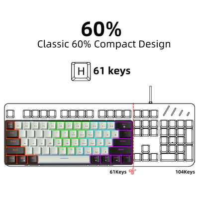 Snpurdiri 60% kabelgebundene mechanische Gaming-Tastatur, 61 Anti-Ghosting-Tasten, RGB-Hintergrundbeleuchtung, ultrakompakte Blaue Schalter, Zwei Ständer, schwarz-weiß