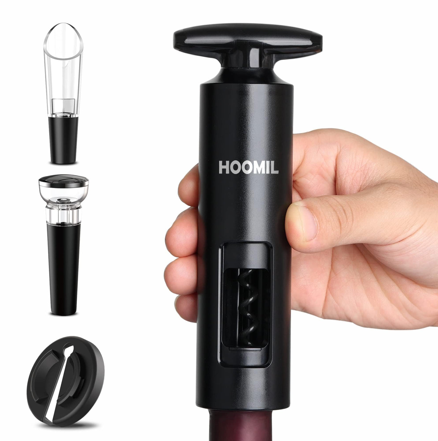 Weinflaschenöffner Set, HOOMIL 4-in-1 Weinöffner Set Profi Korkenzieher für Wein mit Folienschneider, Vakuum Weinverschluss und Weinausgießer, Schwarz