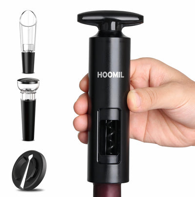 Weinflaschenöffner Set, HOOMIL 4-in-1 Weinöffner Set Profi Korkenzieher für Wein mit Folienschneider, Vakuum Weinverschluss und Weinausgießer, Schwarz