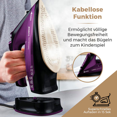Tower T22008 CeraGlide Kabelloses Dampf Bügeleisen mit Keramiksohle - Dampfbügeleisen mit Variabler Dampffunktion, Lila