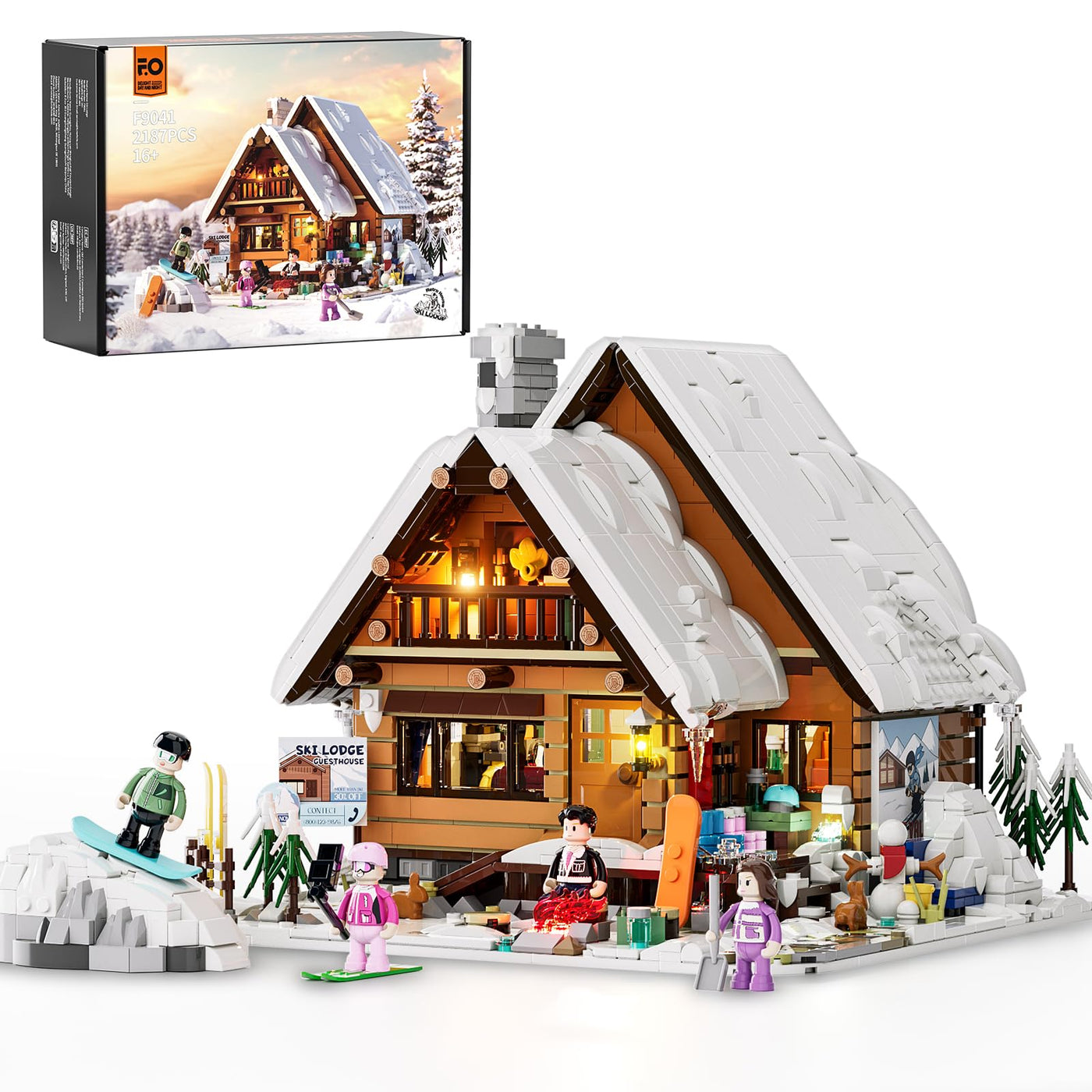 FUNWHOLE Christmas Ski House Building Blocks Set with LED Light, 2187 Pieces Ski Lodge Building Blocks Snow Hut Toy Modular Building Blocks Clamping Blocks for Adults and Teenagers