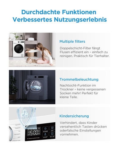 Midea MD11EH70BD Wärmepumpentrockner, 7 kg, Energieklasse D, Schnelltrocknen 35', HealthGuard, Sensor-Trocknung, Auffrischen,Knitterschutz, Auffrischen Wolle, Weiß