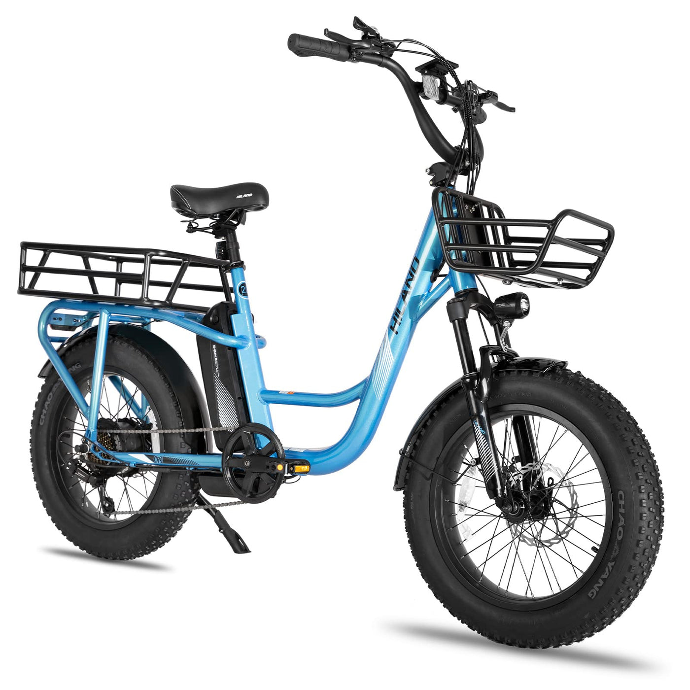 HILAND 20 Zoll Fat Tire Cargo E-Bike für Erwachsene, Leichter Aluminiumrahmen Elektrofahrrad, Shimano 7 Gänge mit Federgabel Ebike Blau