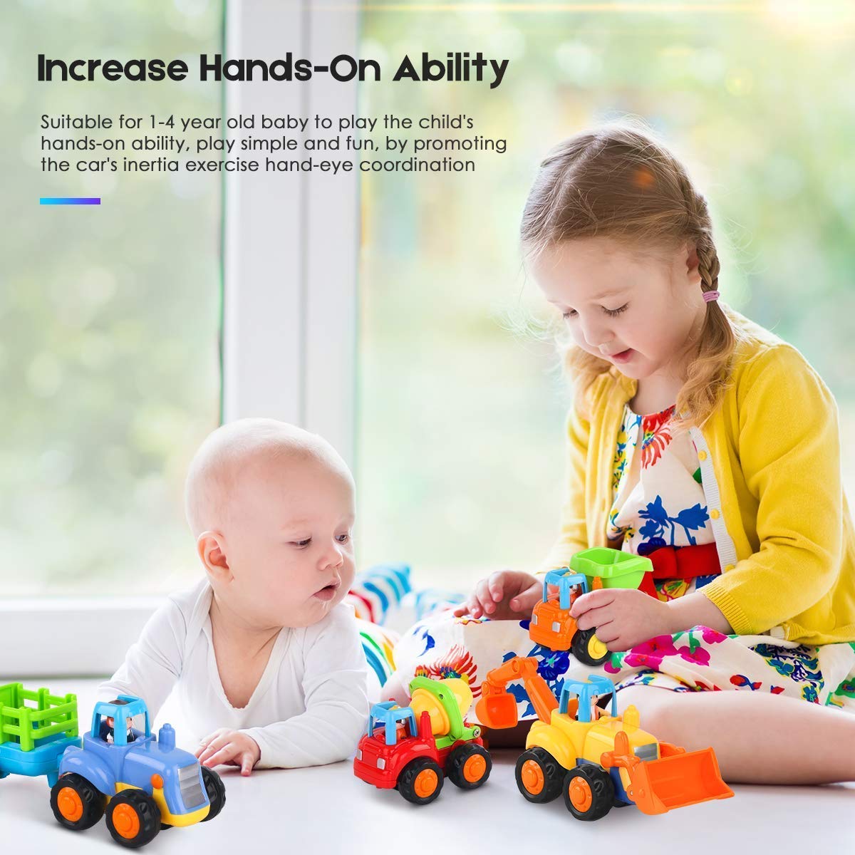 MOONTOY Baby Spielzeugauto Bagger Konstruktionsfahrzeuge Baufahrzeuge 4 in einem Set für Kinder, Traktor, Bulldozer, Kipper & Zementmischer