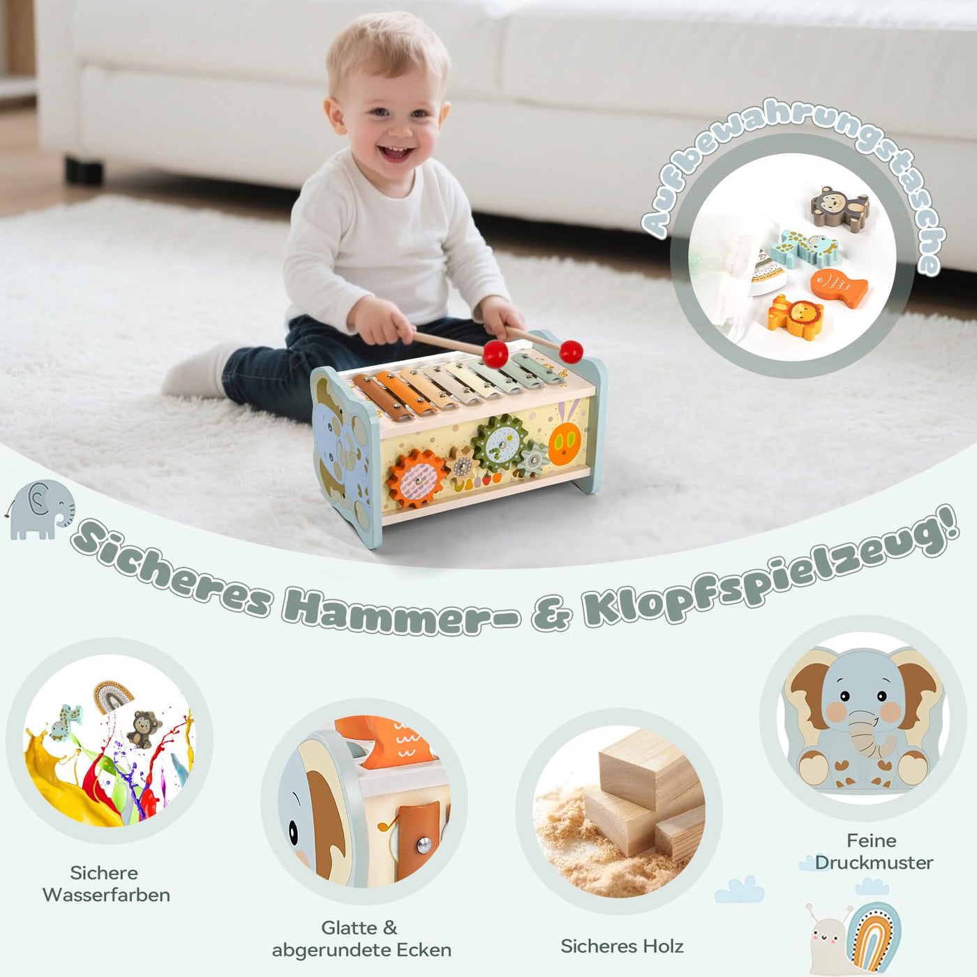 Montessori Spielzeug ab 1 Jahr, 6 in 1 Holzspielzeug ab 1 Jahr, Motorikspielzeug mit Hammerspiel Angelspiel Xylophon Rotierendes Zahnrad, Kinderspielzeug Geschenk 1 2 3 Jahre Mädchen Junge
