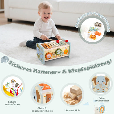 Montessori Spielzeug ab 1 Jahr, 6 in 1 Holzspielzeug ab 1 Jahr, Motorikspielzeug mit Hammerspiel Angelspiel Xylophon Rotierendes Zahnrad, Kinderspielzeug Geschenk 1 2 3 Jahre Mädchen Junge