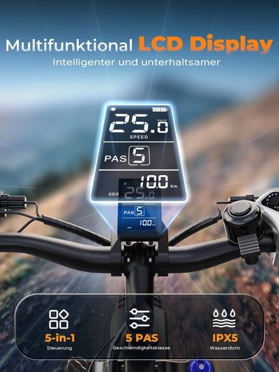 AOIHO E Bike, E-Bike Herren mit 48V 15Ah/13Ah Akku Bis 100-120KM, 26 * 4.0 Zoll Fat Tire 80NM Motor, EBike Damen LCD-Display, 7-Gang-All-Terrain E Fatbike, EMountainbike Für Stadtpendler & Wildn