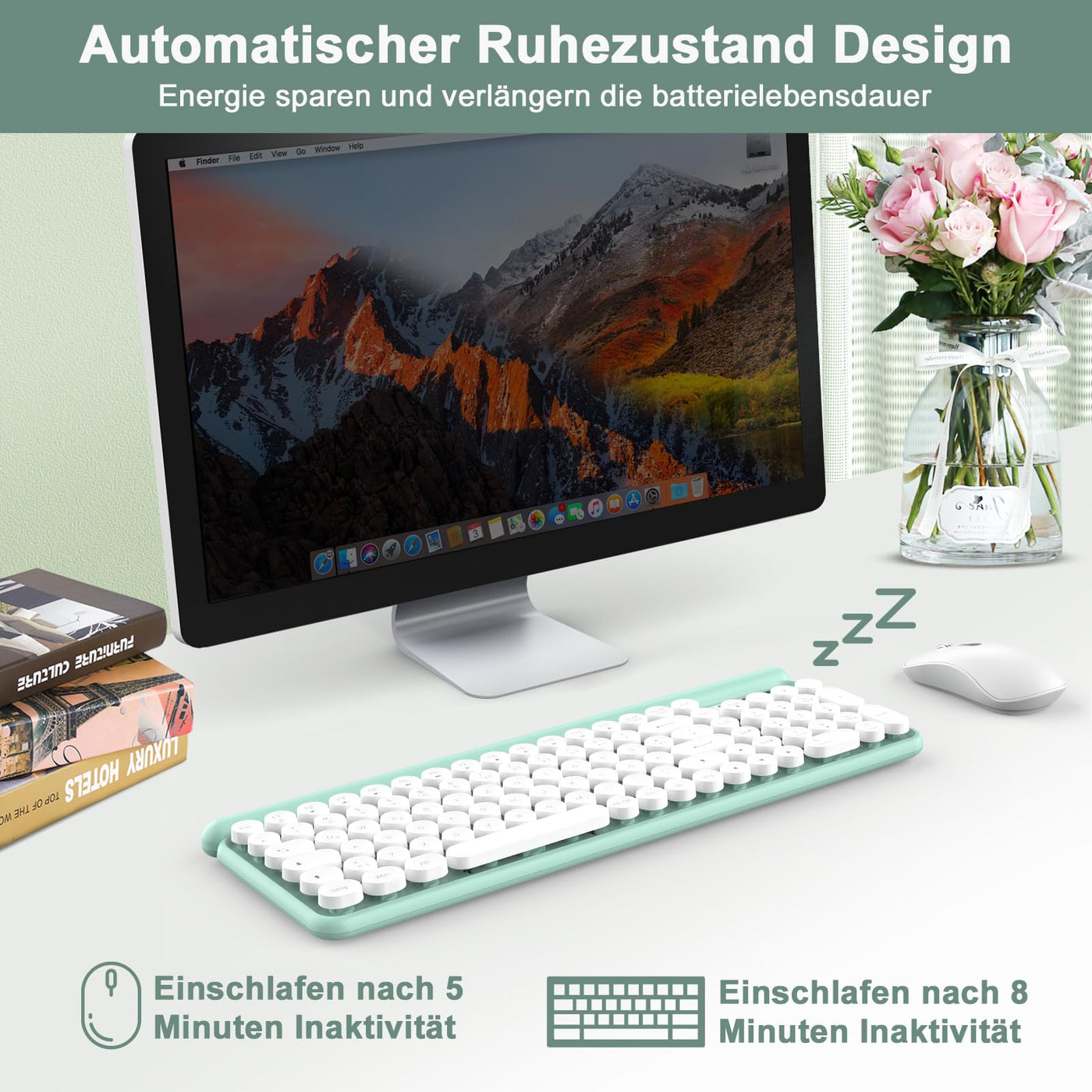Tastatur Maus Set Kabellos,RaceGT Retro Schreibmaschine Tastatur Funktastatur mit Maus USB Grün Tastatur Bunt Maus und Tastatur Wireless Keyboard and Mouse QWERTZ Deutsch Layout