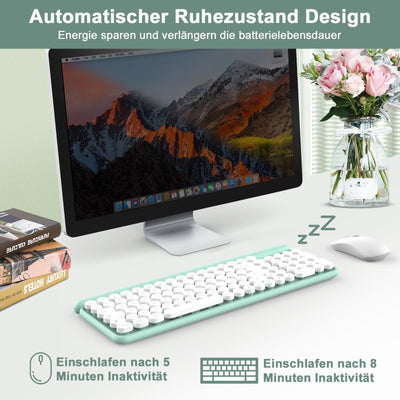 Tastatur Maus Set Kabellos,RaceGT Retro Schreibmaschine Tastatur Funktastatur mit Maus USB Grün Tastatur Bunt Maus und Tastatur Wireless Keyboard and Mouse QWERTZ Deutsch Layout